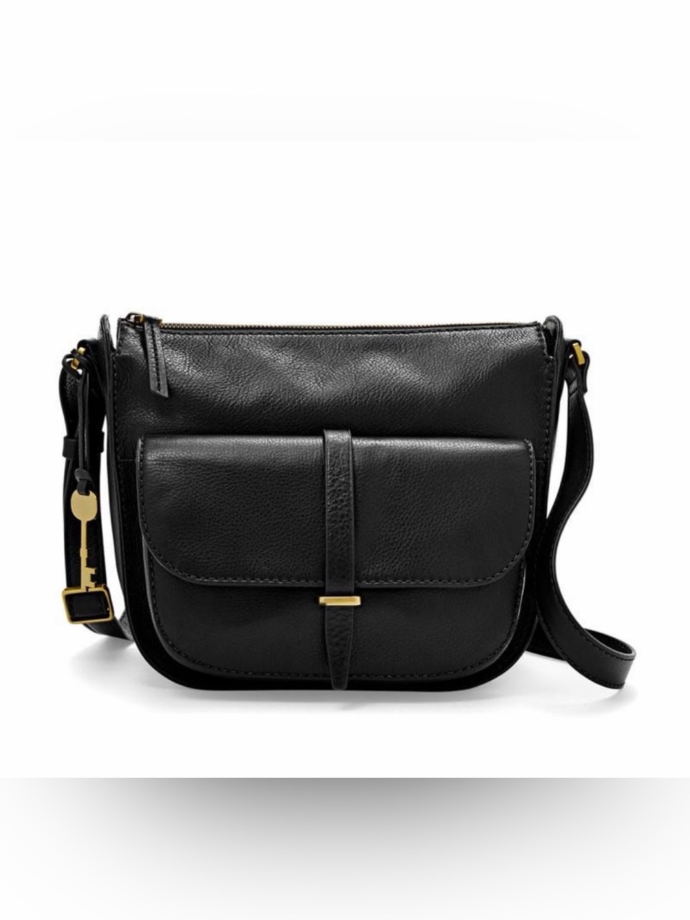 Fossil Black Leather Crossbody with Front Pocket and Gold Accents